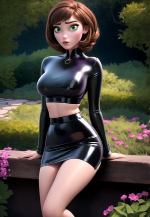 Anna, black latex mini skirt, purple latex blouse, bare abdomen, in a garden, Brown hair, green eyes,