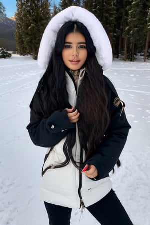 epiCRealism, masterpiece,  beautiful girl, 22 years old, latina with loose hair, snow_clothes