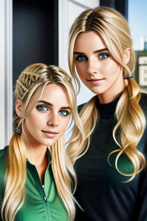 2women_A_and_B, Awoman have blonde twintails and blue eyes, master piece, extremely detailed, Bwoman have short black hair and green eyes 