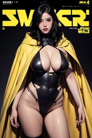 masterpiece, realistic, black background, 1girl, cyberpunk armor:1.3, black hair,bikini, bbw, voloptuous, pale skin, Star Wars, (cape), magazine cover, yellow title text,weiboZH