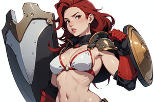1girl,realistic, ultra detailed, small breasts, flat chested, white background, voluptuous, wide hips, red hair, bikini, warrior, shield , gloves, black hair,