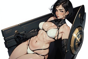 1girl,realistic, ultra detailed, small breasts, flat chested, white background, voluptuous, wide hips, short hair, bikini, warrior, shield , gloves, black hair,