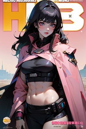 masterpiece, realistic, lightning background, 1girl, cyberpunk armor:1.3, black hair, bikini, midriff, abs, bangs, voluptuous, pale skin, Star Wars, (cape), magazine cover, pink title text,weiboZH, 