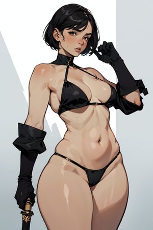 1girl,realistic, ultra detailed, small breasts, flat chested, white background, voluptuous, wide hips, short hair, bikini, warrior, sword, gloves, black hair,