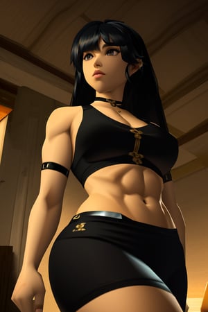  3d, (n64style:1.3),1girl, black hair,midriff, abs, bangs, voluptuous, war background, natural skin texture, soft cinematic light, elegant, detailed, sharp focus, soothing tones, details, low contrast, dim colors, faded, n64style, psxstyle,