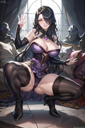 Liliana Vess, evil dominatrix, dark theme, full body, tiara, gold tiara, long hair, black hair,  
("32 years old":1.5), (masterpiece:1.3), (best quality:1.3), beautiful, absurdres, "ultra high res", "perfect eyes", "perfect face", "highly detailed", "high quality", "extremely detailed face", ("beautiful detailed eyes":1.2), ("shiny skin"), "dynamic lighting", "dramatic shadows", "cool lighting", ("soft lighting":0.9), "natural lighting", ("rim lighting":0.9), ("Global Illumination":0.4), "overhead light source", "perfect lighting", 1girl, ("large breasts":1.5),
,purple dress, (masterpiece:1.2), ((best quality), real picture, intricate details), cinematic lighting, fantastic realism, nar_terumi_mei, green eyes, ((hair over one eye)), long hair, (huge breasts:1.2), huge pelvis, wide hips, wide thighs,  fishnet_bodysuit,  squat, spread legs, armpit, looking at viewer, model posture, seductive smile, detailed background