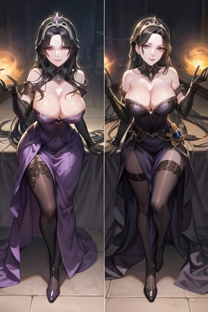 Liliana Vess, evil dominatrix, dark theme, full body, tiara, gold tiara, long hair, black hair,  
("32 years old":1.5), (masterpiece:1.3), (best quality:1.3), beautiful, absurdres, "ultra high res", "perfect eyes", "perfect face", "highly detailed", "high quality", "extremely detailed face", ("beautiful detailed eyes":1.2), ("shiny skin"), "dynamic lighting", "dramatic shadows", "cool lighting", ("soft lighting":0.9), "natural lighting", ("rim lighting":0.9), ("Global Illumination":0.4), "overhead light source", "perfect lighting", 1girl, ("large breasts":1.5),
,purple dress, 