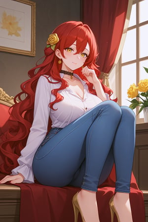 masterpiece, 1girl, high quality, deep_skin, extremely high quality, score_9, score_8_up, score_7_up, source_anime,HimekoBren, hair ornament,1girl, solo, long hair, red hair, yellow eyes, jewelry, earrings, hair ornament, mature female, yellow flower, blush, choker, rose, wavy hair, large thigs, looking_at_viewer, tall female, white shirt, blue jeans, high_heels