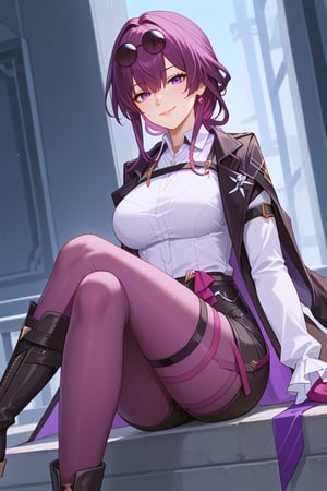 masterpiece,score_9,score_8,source_anime, KafkaBren, 1girl, shirt, white shirt, purple hair, gloves, purple eyes, long sleeves, eyewear on head, jacket, sunglasses, long hair, mature female, pantyhose,, purple pantyhose, shorts, purple gloves, boots, black jacket, thigh strap, collared shirt, black footwear, black shorts, hair between eyes, ponytail, lips, jewelry, coat, jacket on shoulders, earrings, seduce, smug, both_eyes_closed, single boot, high knee boots, sitting, knee boots