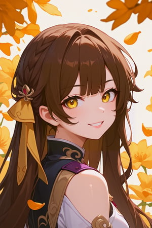 masterpiece, 1girl, high quality, deep_skin, extremely high quality, score_9, score_8_up, score_7_up, source_anime, looking back, smug, beautiful background,sushang,SushangBren,long hair,brown hair,brown eyes, focus face, close up, smile