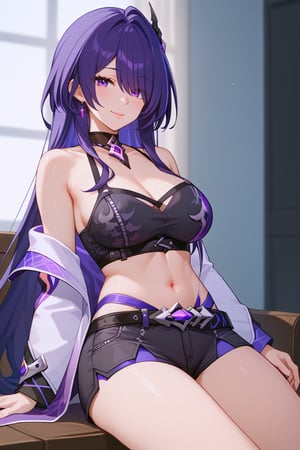 masterpiece, 1girl, high quality, deep_skin, extremely high quality, score_9, score_8_up, score_7_up, source_anime,acheron,AcheronBren,long hair,purple hair,mature female,purple eyes,bare shoulders, crop top, black crop top, white jacket, shorts shorts, black shorts, mature female, sitting, looking back, smile, smug