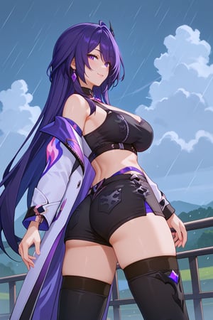 masterpiece, 1girl, high quality, deep_skin, extremely high quality, score_9, score_8_up, score_7_up, source_anime,acheron,AcheronBren,long hair,purple hair,mature female,purple eyes,bare shoulders, crop top, black crop top, white jacket, shorts shorts, black shorts, mature female, standing, looking back, smile, smug, tatto, black footwear, beautiful sky, clouds, rain, thigh-highs