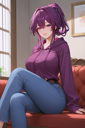 masterpiece,score_9,score_8,source_anime, KafkaBren, 1girl, purple hair, purple eyes, long hair, mature female, hair between eyes, ponytail, lips, seduce, smug, both_eyes_closed, sitting, purple hoodie, blue jeans