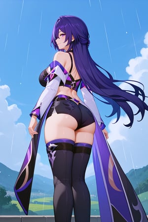 masterpiece, 1girl, high quality, deep_skin, extremely high quality, score_9, score_8_up, score_7_up, source_anime,acheron,AcheronBren,long hair,purple hair,mature female,purple eyes,bare shoulders, crop top, black crop top, white jacket, shorts shorts, black shorts, mature female, standing, looking back, smile, smug, tatto, black footwear, beautiful sky, clouds, rain, thigh-highs