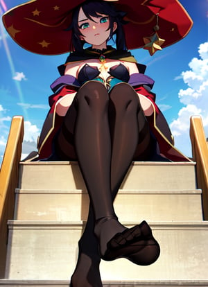 mona_tpa, 1girl, witch hat, stairs, shrine, lens flare, star_(symbol) pantyhose, day, aqua eyes, small breasts, cloudy sky, highly detailed, absurdres, masterpiece, highly detailed, absurdres, masterpiece,witch hat, black hair, sitting, foot, feet, looking from below, view from below, from below
