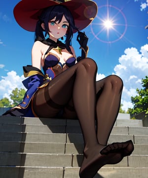 mona_tpa, 1girl, witch hat, stairs, shrine, lens flare, star_(symbol) pantyhose, day, aqua eyes, small breasts, cloudy sky, highly detailed, absurdres, masterpiece, highly detailed, absurdres, masterpiece,witch hat, black hair, sitting, foot, feet, looking from below, view from below, from below
