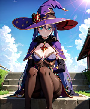 mona_tpa, 1girl, witch hat, stairs, shrine, lens flare, star_(symbol) pantyhose, day, aqua eyes, small breasts, cloudy sky, highly detailed, absurdres, masterpiece, highly detailed, absurdres, masterpiece,witch hat