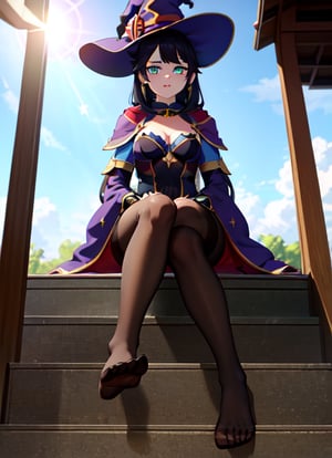 mona_tpa, 1girl, witch hat, stairs, shrine, lens flare, star_(symbol) pantyhose, day, aqua eyes, small breasts, cloudy sky, highly detailed, absurdres, masterpiece, highly detailed, absurdres, masterpiece,witch hat, black hair, sitting, foot, feet, looking from below, view from below, from below
