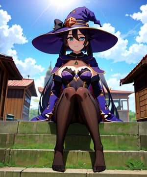 mona_tpa, 1girl, witch hat, stairs, shrine, lens flare, star_(symbol) pantyhose, day, aqua eyes, small breasts, cloudy sky, highly detailed, absurdres, masterpiece, highly detailed, absurdres, masterpiece,witch hat, black hair, sitting, foot, feet
