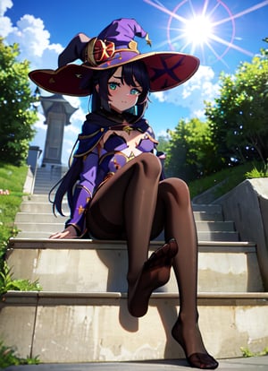 mona_tpa, 1girl, witch hat, stairs, shrine, lens flare, star_(symbol) pantyhose, day, aqua eyes, small breasts, cloudy sky, highly detailed, absurdres, masterpiece, highly detailed, absurdres, masterpiece,witch hat, black hair, sitting, foot, feet, looking from below, view from below, from below
