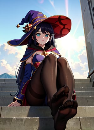 mona_tpa, 1girl, witch hat, stairs, shrine, lens flare, star_(symbol) pantyhose, day, aqua eyes, small breasts, cloudy sky, highly detailed, absurdres, masterpiece, highly detailed, absurdres, masterpiece,witch hat, black hair, sitting, foot, feet, looking from below, view from below, from below
