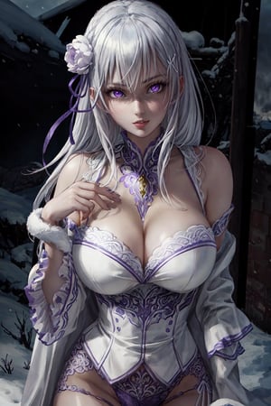  An attractive woman in the snow, with white hair and purple eyes, wearing a white coat. The woman strikes a provocative pose as she looks directly at the viewer. (8k high-resolution CG wallpaper), (masterpiece), (best quality), (ultra-detailed), (finest illustration), (exquisite shading), (extremely delicate and beautiful), intricate details, (glitter), beautiful and detailed eyes, waifu, anime, outstanding aesthetics, top-notch quality, masterpiece, exceptionally detailed, perfectly detailed face.