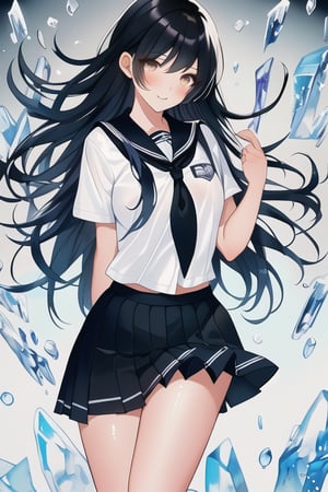 masterpiece,best quality,schoolgirl,long hair, black hair,bodypaint,black skirt,ice background