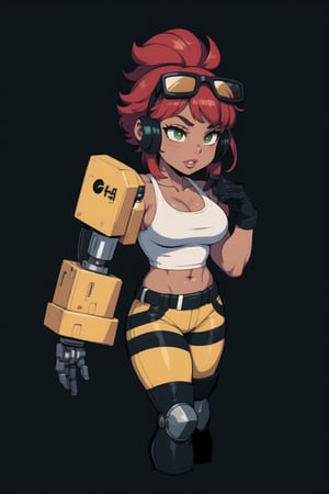 black skin girl, ebony girl, black woman, mechanical woman, red hair, white tank top, yellow work pants, black boots, green eyes, welding glasses, mechanical right arm, right robotic arm, white muscle, fitness girl, short hair back, muscle woman, tall girl, navel ring, exposed navel, black gloves, In a mechanical workshop, 
thick lips, big legs