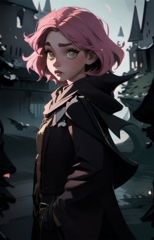 1girl, short pink hair,(hufflepuff House Cloak),( inner cloak yellow:1), (outer cloack black:1),yellow eyes, looking at viewer, solo, upper body,(masterpiece:1.4),(best quality:1.4),red lips,parted lips, exterior forest and mountains, castle,hogwarts castle:1,dramatic shadows,extremely_beautiful_detailed_anime_face_and_eyes,an extremely delicate and beautiful,dynamic angle, cinematic camera, dynamic pose,depth of field,chromatic aberration,anime