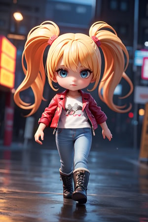 ((1 female)), petite girl, full body, chibi, 3D figure little girl, blonde hair, two pigtails, blue eyes, white t-shirt, jeans, black boots,(red leather jacket:1),, beautiful girl with attention to detail, beautiful delicate eyes, detailed face, beautiful eyes, Dynamic Beautiful Pose, Natural Light, ((Real) ) Quality: 1.2 )), Dynamic Long Distance Shot, Cinematic Lighting, Perfect Composition, Super Detail, Official Art, Masterpiece, (Best Quality: 1.3), Reflection, High Resolution CG Unity 8K Wallpaper, Detailed Background, Masterpiece, (Photorealistic): 1.2), Random Angle, Side Angle, Chibi, Full Body, mikdef.