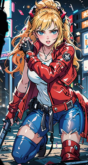 1 girl, blonde hair, two pigtails, blue eyes,red leather jacket, white t-shirt, jeans, black boots, solo, (medium_shot:1.4),(masterpiece:1.4(bestquality:1.4),(extremely_beautiful_detailed_anime_face_and_eyes:1.4),an extremely delicate and beautiful,Watercolor, Ink, epic, tokyo cyberpunk night,