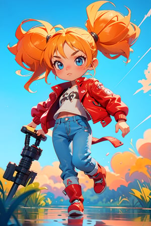 ((1 female)), petite girl, full body, chibi, 3D figure little girl, blonde hair, two pigtails, blue eyes, white t-shirt, jeans, black boots,(red leather jacket:1),, beautiful girl with attention to detail, beautiful delicate eyes, detailed face, beautiful eyes, Dynamic Beautiful Pose, Natural Light, ((Real) ) Quality: 1.2 )), Dynamic Long Distance Shot, Cinematic Lighting, Perfect Composition, Super Detail, Official Art, Masterpiece, (Best Quality: 1.3), Reflection, High Resolution CG Unity 8K Wallpaper, Detailed Background, Masterpiece, (Photorealistic): 1.2), Random Angle, Side Angle, Chibi, Full Body, mikdef.,SFW