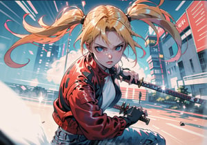1 girl, blonde hair, two pigtails, blue eyes, white t-shirt, jeans, black boots,(red leather jacket:1),battoujutsu, solo, upper body,(masterpiece:1.4),(best quality:1.4),dramatic shadows,extremely_beautiful_detailed_anime_face_and_eyes,an extremely delicate and beautiful,dynamic angle, cinematic camera, dynamic pose,depth of field,chromatic aberration,backlighting,Watercolor, Ink, epic, angry,vibrant,colorful,nature,pop, simple background, blank_background,battoujutsu,perfect,girl
