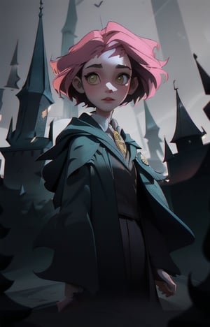 1girl, short pink hair,(hufflepuff House Cloak),( inner cloak yellow:1), (outer cloack black:1),yellow eyes, looking at viewer, solo, upper body,(masterpiece:1.4),(best quality:1.4),red lips,parted lips, exterior forest and mountains, castle,hogwarts castle:1,dramatic shadows,extremely_beautiful_detailed_anime_face_and_eyes,an extremely delicate and beautiful,dynamic angle, cinematic camera, dynamic pose,depth of field,chromatic aberration,anime