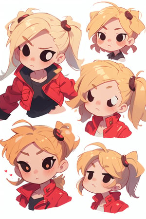 1 girl, blonde hair, (two long pigtails:1.4),red leather jacket, white t-shirt,solo,(masterpiece:1.4(bestquality:1.4),(chibi:1.4)(extremely_beautiful_detailed_anime_face_and_eyes:1.4),an extremely delicate and beautiful,Watercolor, Ink, epic,multiple views, upper body, reference sheet:1,CharacterSheet, white background, different expresions,multiple girls,character sheet, character design, reference sheet, multiple views, turnaround,Chibi