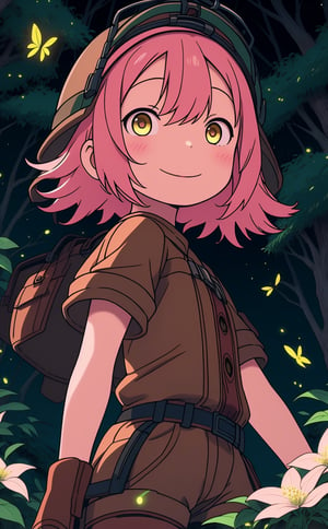 ultra-detailed, illustration, cinematic composition, abyss style, grass, white flower, moss,MadeintheAbyss, 1girl, (short pink hair:1.4), brown coat, short sleeves, brown overcoat, (brown shorts:1.4),(explorer helmet:1),(explorer boots:1.4),(yellow eyes:1.4), looking at viewer, solo, (upper body:1.4),(masterpiece:1.4),(best quality:1.4),red lips,parted lips,smile, walking in the deep forest,firefliesfireflies,portrait