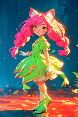 ((1 female)), full body, 3D figure little girl, Portrait of the beautiful Lopadex, athletic, green lantern dress:1.2, pink hair:1.2, yellow eyes:1.2, pink cat ears:1.2, white leather boots, white leather gloves, smiling,braids,make up, beautiful girl with attention to detail, beautiful delicate eyes, detailed face, beautiful eyes, Dynamic Beautiful Pose, Natural Light, ((Real) ) Quality: 1.2 )), Dynamic Long Distance Shot, Cinematic Lighting, Perfect Composition, Super Detail, Official Art, Masterpiece, (Best Quality: 1.3), Reflection, High Resolution CG Unity 8K Wallpaper, Detailed Background, Masterpiece, (Photorealistic): 1.2), Random Angle, Side Angle, Chibi, Full Body, mikdef.,SFW,1 girl,dulce