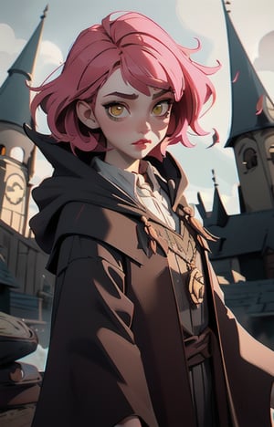 1girl, short pink hair,(hufflepuff House Cloak),( inner cloak yellow:1), (outer cloack black:1),yellow eyes, looking at viewer, solo, upper body,(masterpiece:1.4),(best quality:1.4),red lips,parted lips, exterior forest and mountains, castle,hogwarts castle:1,dramatic shadows,extremely_beautiful_detailed_anime_face_and_eyes,an extremely delicate and beautiful,dynamic angle, cinematic camera, dynamic pose,depth of field,chromatic aberration,anime