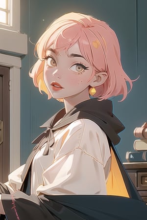 1girl, short pink hair,(mole next to lip:1),(eyebrow scar:1),(hufflepuff House Cloak),( inner cloak yellow:1), (outer cloack black:1),yellow eyes, looking at viewer, solo, upper body,(masterpiece:1.4),(best quality:1.4),red lips,parted lips, hogwarts castle:1,dramatic shadows,extremely_beautiful_detailed_anime_face_and_eyes,an extremely delicate and beautiful,dynamic angle, cinematic camera, dynamic pose,depth of field,chromatic aberration,backlighting,