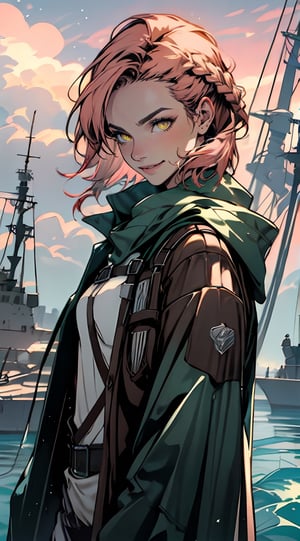 (1 girl), (short pink hair:1.2), (yellow eyes:1.2), black leather boots, black leather gloves, smiling,braids,make up, (green scouts cloak:1.2), (standing), (upper body in frame), simple background, endless ocean, pink cloudy sky, dawn, 1910s harbor, only1 image, perfect anatomy, perfect proportions, perfect perspective, 8k, HQ, ((AttackonTitan, survey military uniform)),dulce,style