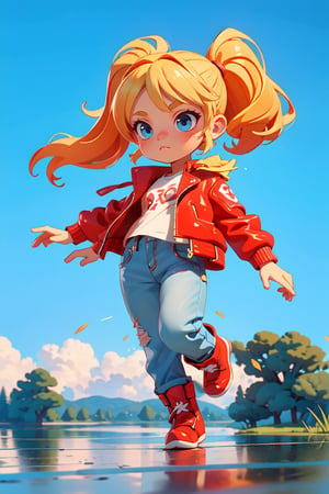 ((1 female)), petite girl, full body, chibi, 3D figure little girl, blonde hair, two pigtails, blue eyes, white t-shirt, jeans, black boots,(red leather jacket:1),, beautiful girl with attention to detail, beautiful delicate eyes, detailed face, beautiful eyes, Dynamic Beautiful Pose, Natural Light, ((Real) ) Quality: 1.2 )), Dynamic Long Distance Shot, Cinematic Lighting, Perfect Composition, Super Detail, Official Art, Masterpiece, (Best Quality: 1.3), Reflection, High Resolution CG Unity 8K Wallpaper, Detailed Background, Masterpiece, (Photorealistic): 1.2), Random Angle, Side Angle, Chibi, Full Body, mikdef.,SFW