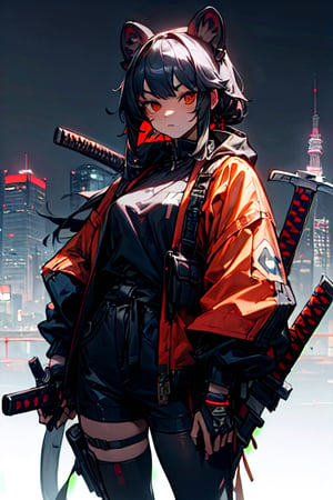 (masterpiece:1.4),(best quality:1.4),1 tanuki_demon, (cyberpunk:1),(evil expression:1),(tokyo tower background at night:1), pistol, katana, axe,tersubo,multiple weapons,style,