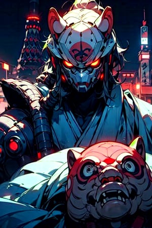 (masterpiece:1.4),(best quality:1.4),yokai,monster,1 tanuki_robot_mask1,  protecting himself with a blue energy shield,(cyberpunk:1),(evil expression:1),(tokyo tower background at night:1),(energy shield:1),style