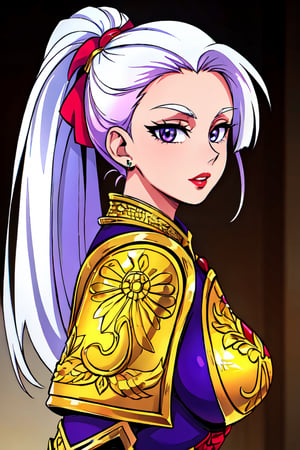 1girl, bangs, white hair, power armour, blue eyes, blurry, blurry background, braid, breasts, from side, armour, jewelry, long hair, looking at viewer, ponytail, purple eyes, solo, upper body,baiyi,[[realistic]],(shiny skin),(masterpiece:1.4),(best quality:1.4),red lips,parted lips,40kanime