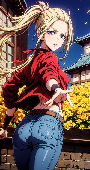 (Masterpiece, Best Quality:1.3), absurdres,(Ultra-detailed portrait), 2d, Traditional Media, NinjaScroll, official art, centered, wide shot, 1 girl, blonde hair, two pigtails, blue eyes,red leather jacket, white t-shirt, jeans, black boots, solo,(looking at viewer), detailed eyes, close up:0.2, (full angle view), relaxed pose, perfect face, eye contact, focus face, lips:0.5, standing, dynamic, beautiful, cinematic, sharp focus, (Details:1.2), (depth of field), ((wind blowing)), yellow petals, scenery, fireflies:0.1, night sky, nature, (night, dark:1.3), [electricity],highly detailed, film grain:0.6, (shiny), intricate design, 85mm, east asian architecture, east asian architecture, building, ((volumetric lighting)), high contrast:0.3, glowing:0.7, 90's anime style, extremely detailed background, (sharp focus), thick lineart, ,retro artstyle,traditional media,ninjascroll,trgirl,