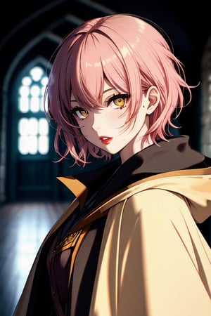 1girl, short pink hair,(mole next to lip:1),(eyebrow scar:1),(hufflepuff House Cloak),( inner cloak yellow:1), (outer cloack black:1),yellow eyes, looking at viewer, solo, upper body,(masterpiece:1.4),(best quality:1.4),red lips,parted lips, hogwarts castle:1,dramatic shadows,extremely_beautiful_detailed_anime_face_and_eyes,an extremely delicate and beautiful,dynamic angle, cinematic camera, dynamic pose,depth of field,chromatic aberration,backlighting,