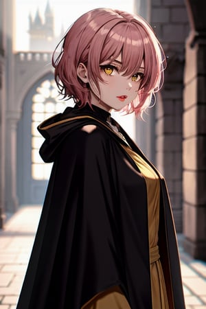 1girl, short pink hair,(mole next to lip:1),(eyebrow scar:1),(hufflepuff House Cloak),( inner cloak yellow:1), (outer cloack black:1),yellow eyes, looking at viewer, solo, upper body,(masterpiece:1.4),(best quality:1.4),red lips,parted lips, hogwarts castle:1,dramatic shadows,extremely_beautiful_detailed_anime_face_and_eyes,an extremely delicate and beautiful,dynamic angle, cinematic camera, dynamic pose,depth of field,chromatic aberration,backlighting,