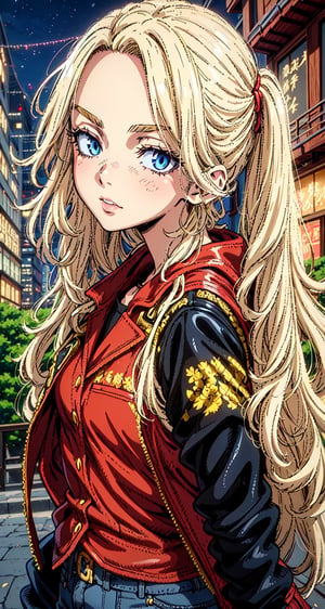 (Masterpiece, Best Quality:1.3), absurdres,(Ultra-detailed portrait), 2d, Traditional Media, NinjaScroll, official art, centered, wide shot, 1 girl, blonde hair, two pigtails, blue eyes,red leather jacket, white t-shirt, jeans, black boots, solo,(looking at viewer), detailed eyes, close up:0.2, (full angle view), relaxed pose, perfect face, eye contact, focus face, lips:0.5, standing, dynamic, beautiful, cinematic, sharp focus, (Details:1.2), (depth of field), ((wind blowing)), yellow petals, scenery, fireflies:0.1, night sky, nature, (night, dark:1.3), [electricity],highly detailed, film grain:0.6, (shiny), intricate design, 85mm, east asian architecture, east asian architecture, building, ((volumetric lighting)), high contrast:0.3, glowing:0.7, 90's anime style, extremely detailed background, (sharp focus), thick lineart, ,retro artstyle,traditional media,ninjascroll,trgirl,