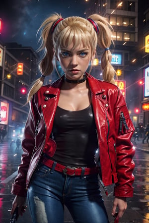 1 girl, blonde hair, two pigtails, blue eyes,red leather jacket, white t-shirt, jeans, black boots, solo, (medium_shot:1.4),(masterpiece:1.4(bestquality:1.4),extremely_beautiful_detailed_anime_face_and_eyes,an extremely delicate and beautiful,super_deformed,nas,ninja,3D,photorealistic