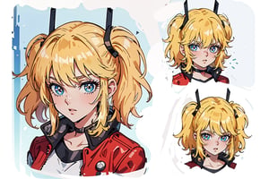 1 girl, blonde hair, two pigtails, blue eyes,red leather jacket, white t-shirt, jeans, black boots, solo, (medium_shot:1.4),(masterpiece:1.4(bestquality:1.4),(extremely_beautiful_detailed_anime_face_and_eyes:1.4),an extremely delicate and beautiful,Watercolor, Ink, epic,multiple views, full body, upper body, reference sheet:1,CharacterSheet, white background, different expresions,